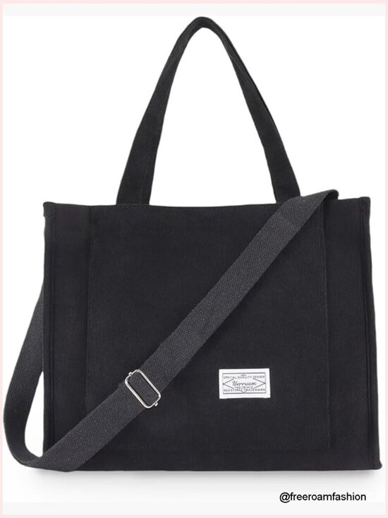 Handbags - Large Corduroy Tote Bag with Hard Bottom, Adjustable Crossbody Strap
